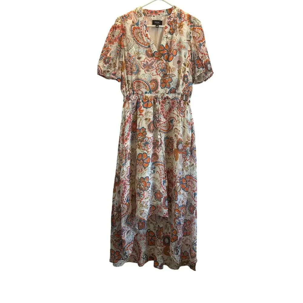 MSK orange blue floral lined dress wedding Small high low cinch waist
